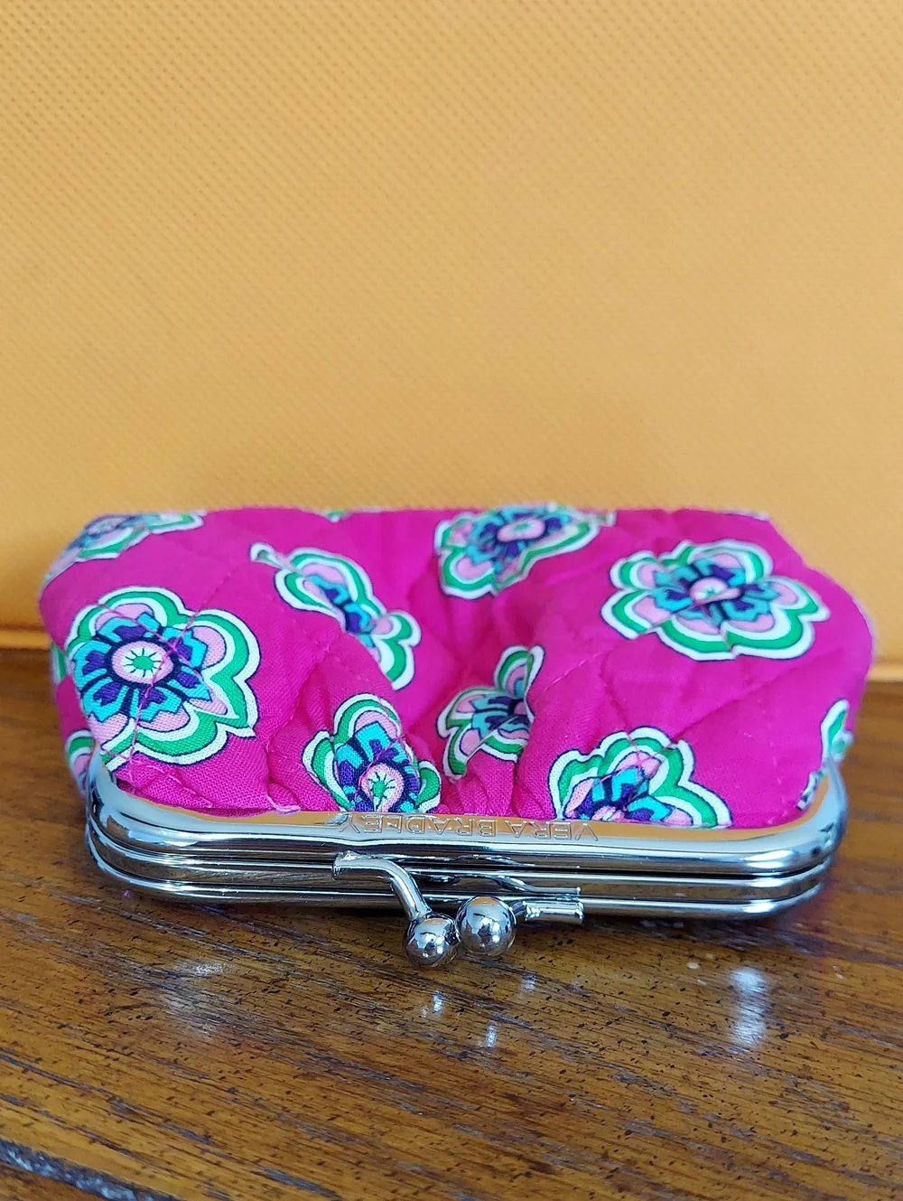 Vera Bradley Hot Pink Floral Quilted Silver Clasp Coin Purse, 2 Sided, Like New